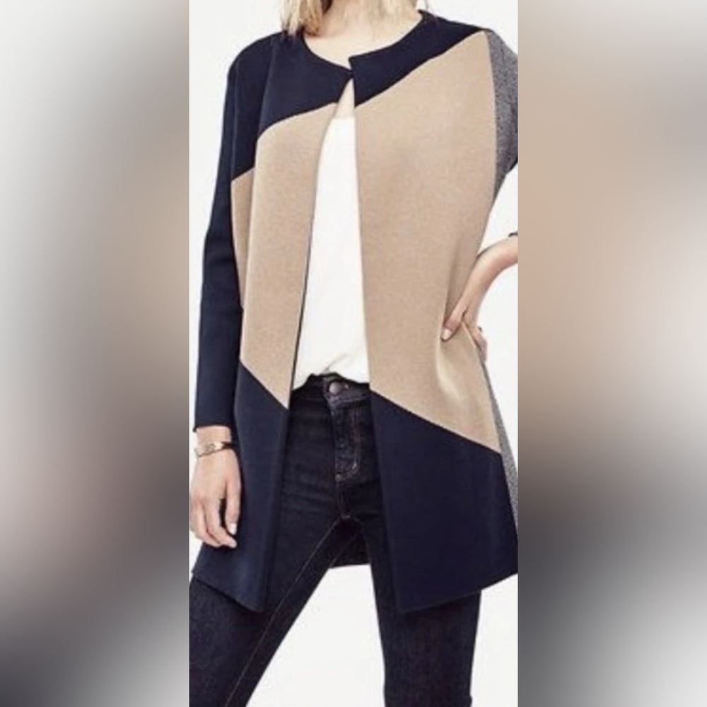 Ann Taylor Jacket Black Gray & Tan Color Block Viscose Open Front EUC M👍